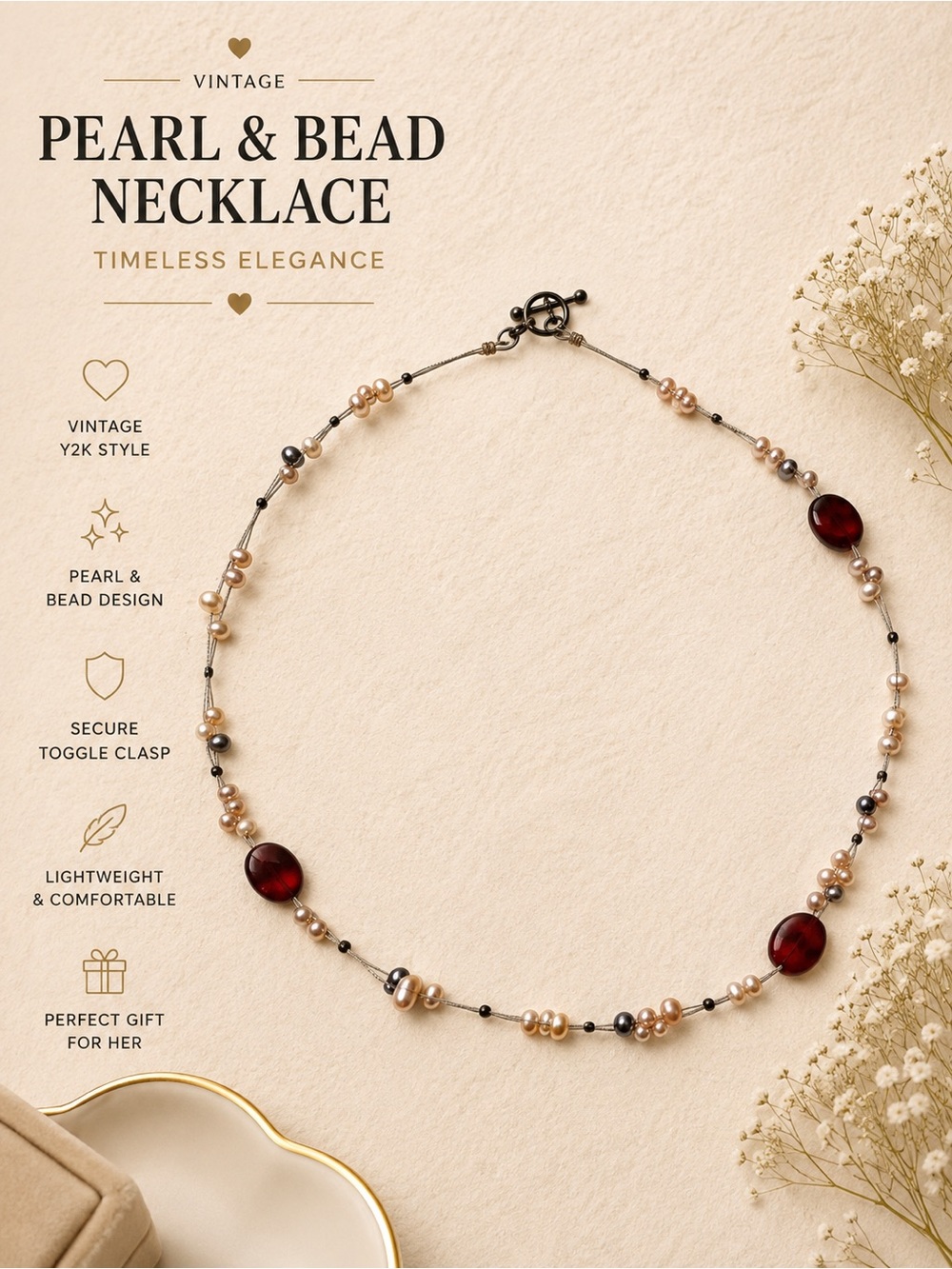 Vintage Freshwater Pearl & Red Glass Bead Necklace | Y2K | Boho | Toggle Clasp